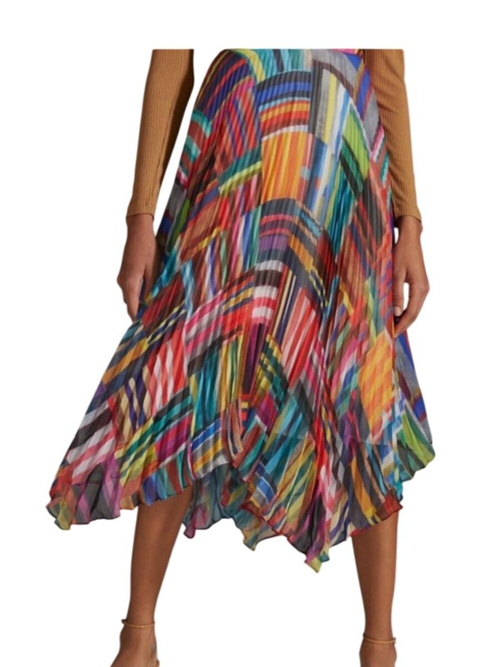 NEW Anthropologie Ranna Gill Pleated Midi Skirt Asymmetrical Hem Rainbow Small